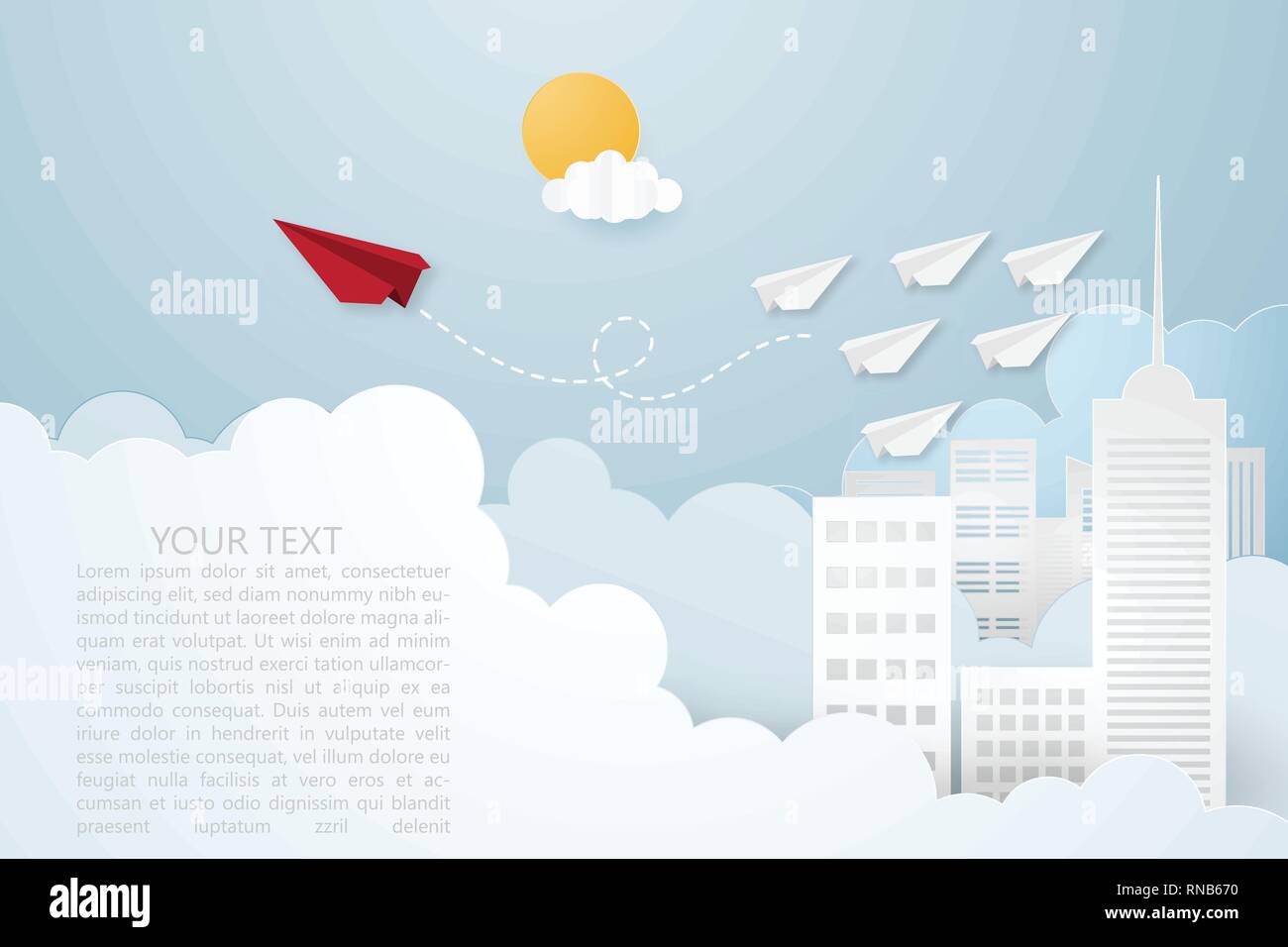 Creative vector illustration Leadership or thinking different concept. Red paper plane and white many paper plane flying on the sky over cityscape and Stock Vector