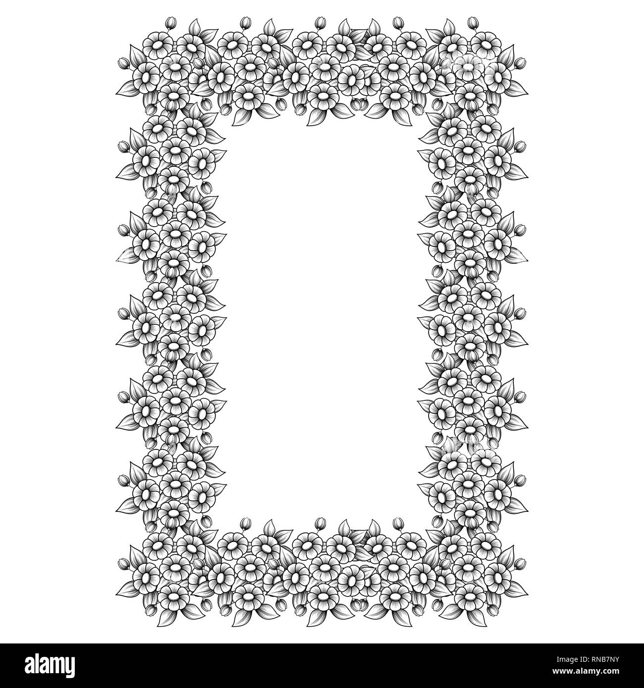 Rectangle black and white flowers frame with place for text Stock Vector