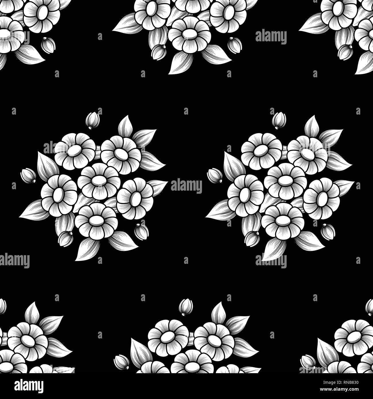White seamless daisy flowers pattern isolated on black background Stock ...