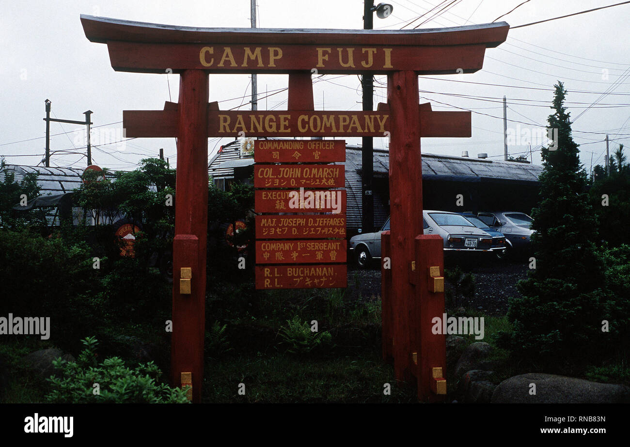 A typical organizational sign used by many Marine Corps units in Japan and Okinawa.  Many of the signs only have the English spelling of the American names.  Many other signs are like this one, that is, with the English and Japanese spelling of the names on the sign. Stock Photo