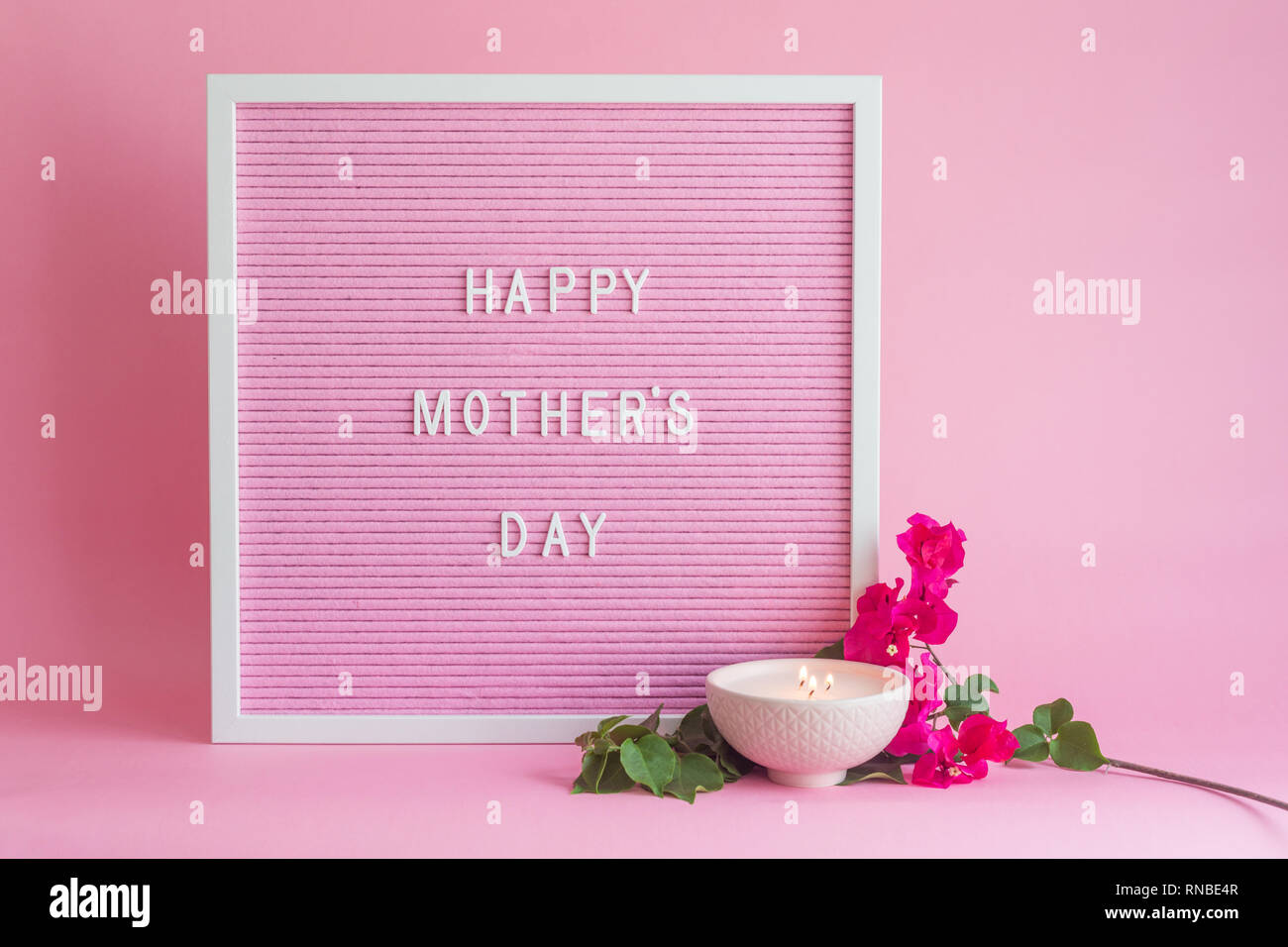 pink felt message board with the message Happy Mother's Day, and a pink