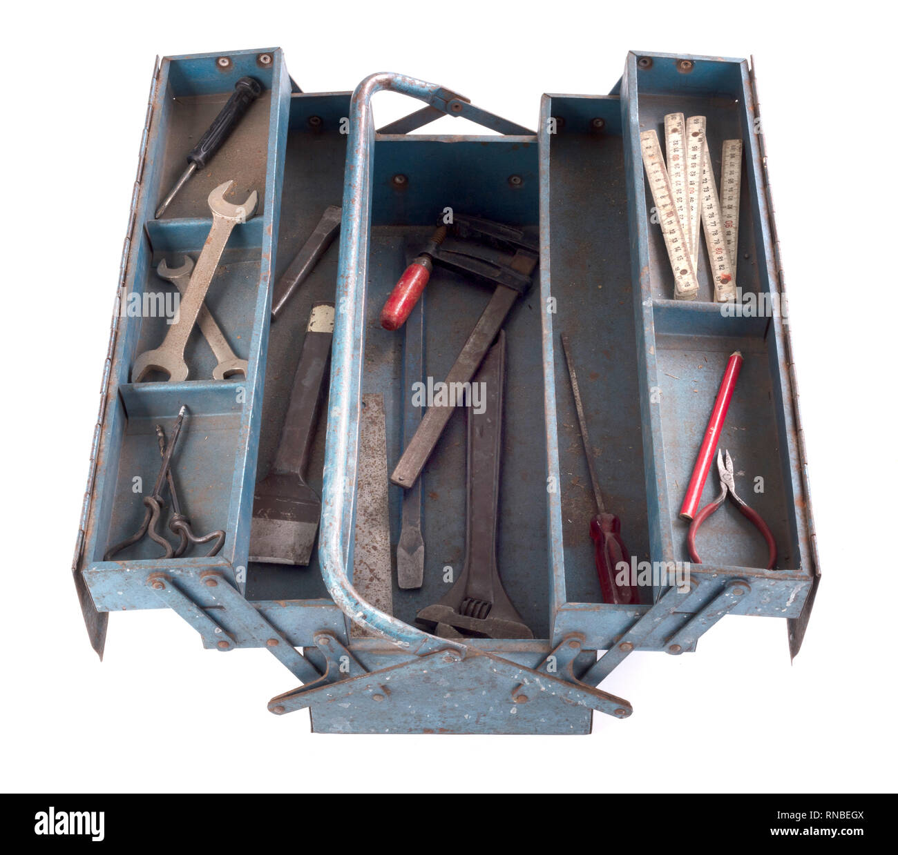 Old toolbox filled with vintage tools, isolated Stock Photo