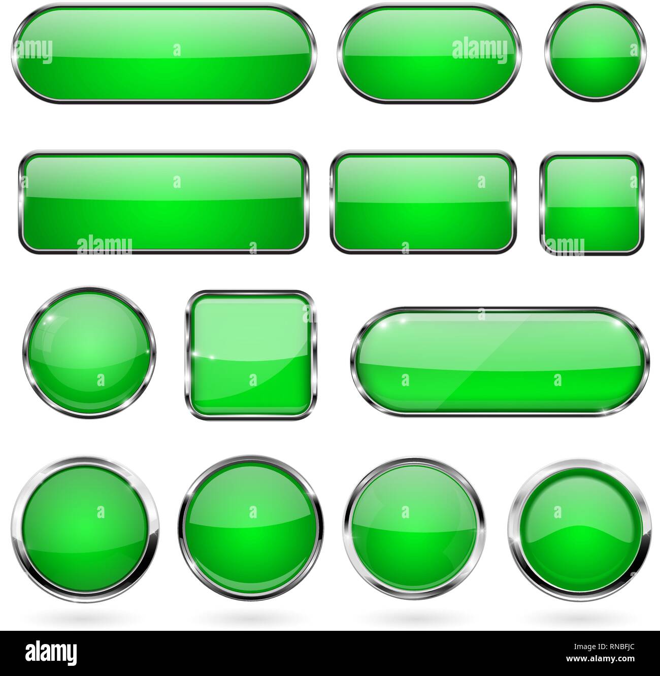 Green glass buttons with metal frame. Collection of 3d icons Stock Vector