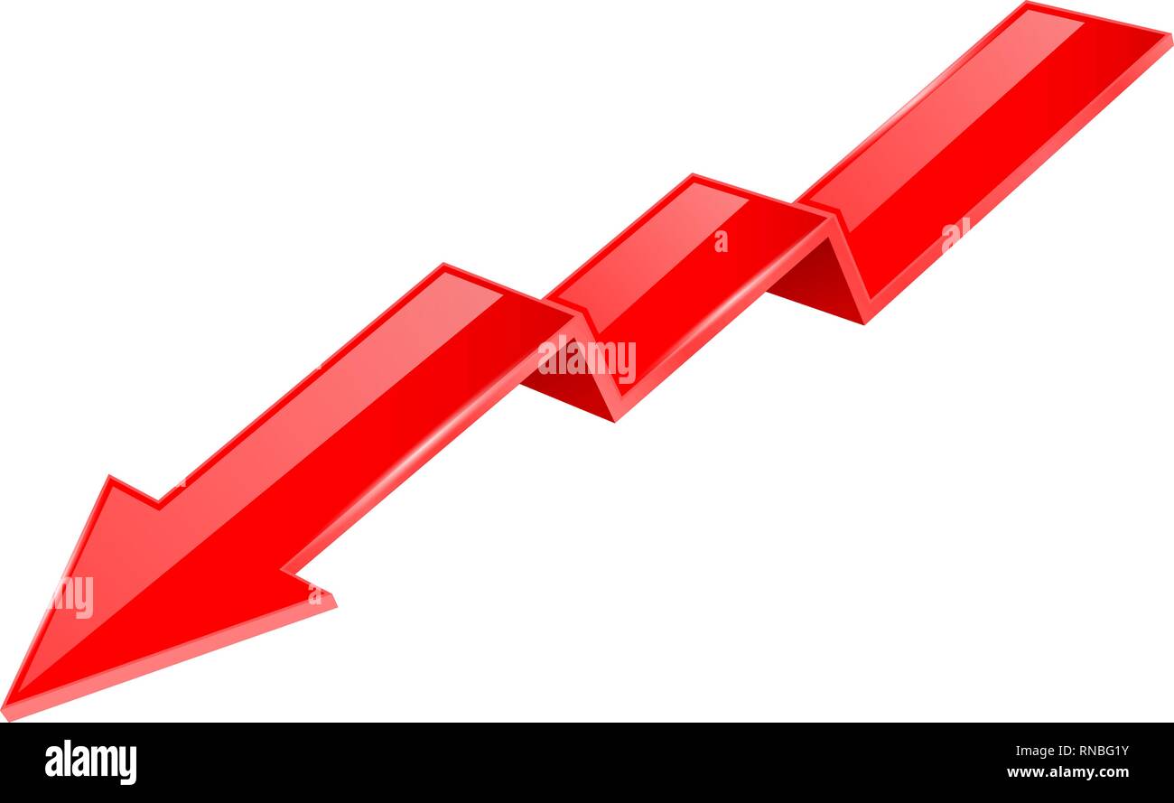 Red indication arrow. Moving down 3d financinal sign Stock Vector