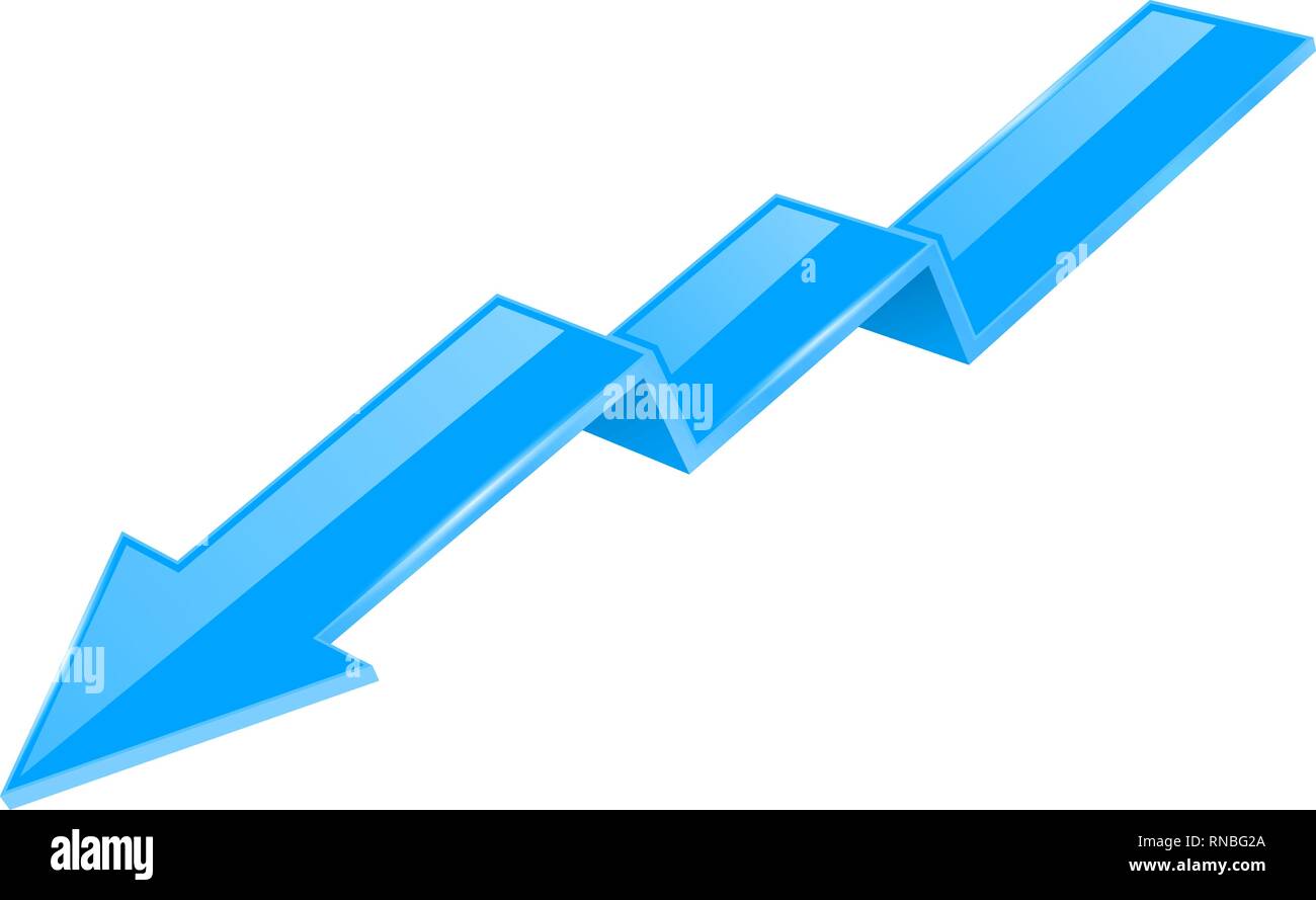 Blue indication arrow. Moving down 3d financinal sign Stock Vector