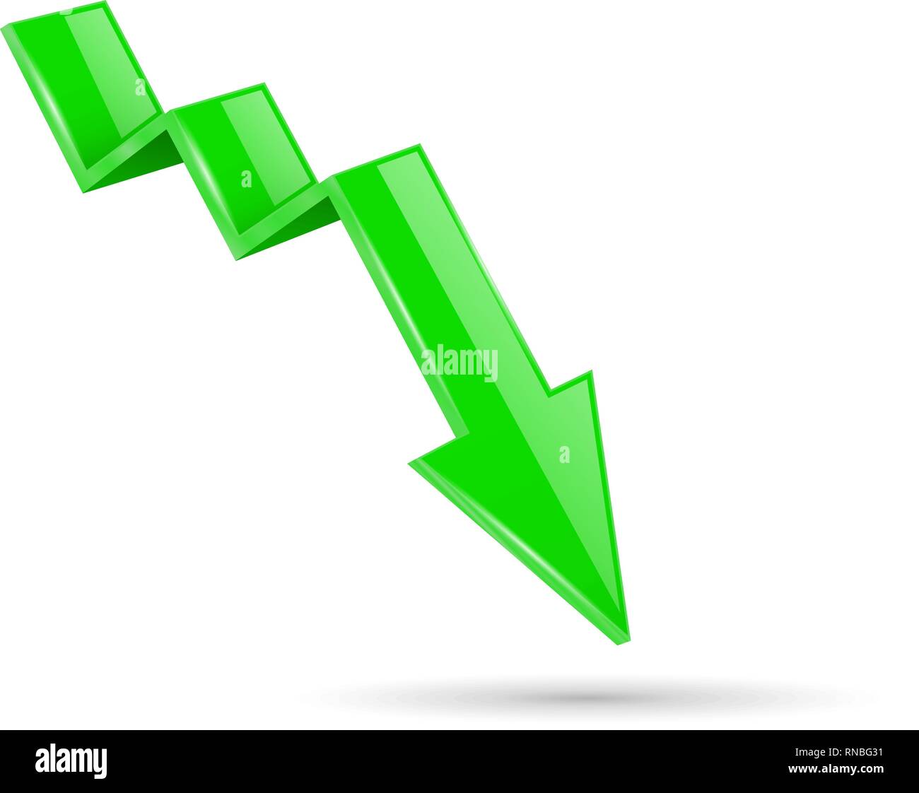 Green indication arrow. Moving down 3d financinal sign Stock Vector