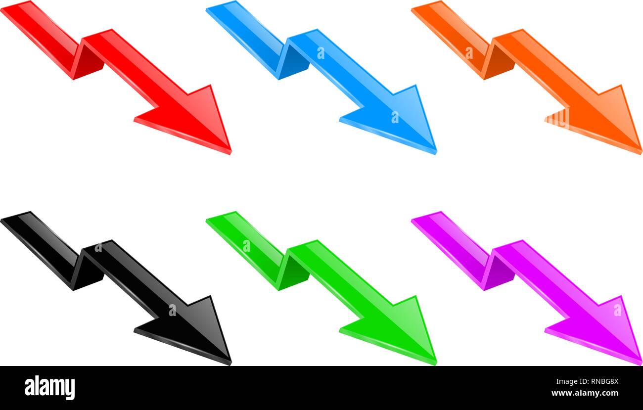 Arrows. Colored DOWN financinal 3d signs Stock Vector