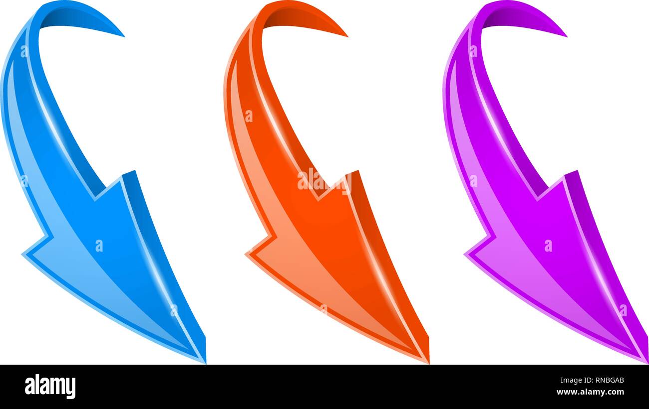 DOWN colored arrows. Shiny bent web signs Stock Vector