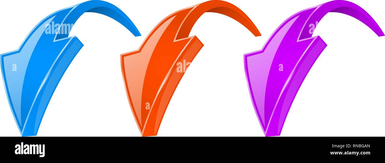 DOWN colored arrows. Shiny bent web signs Stock Vector