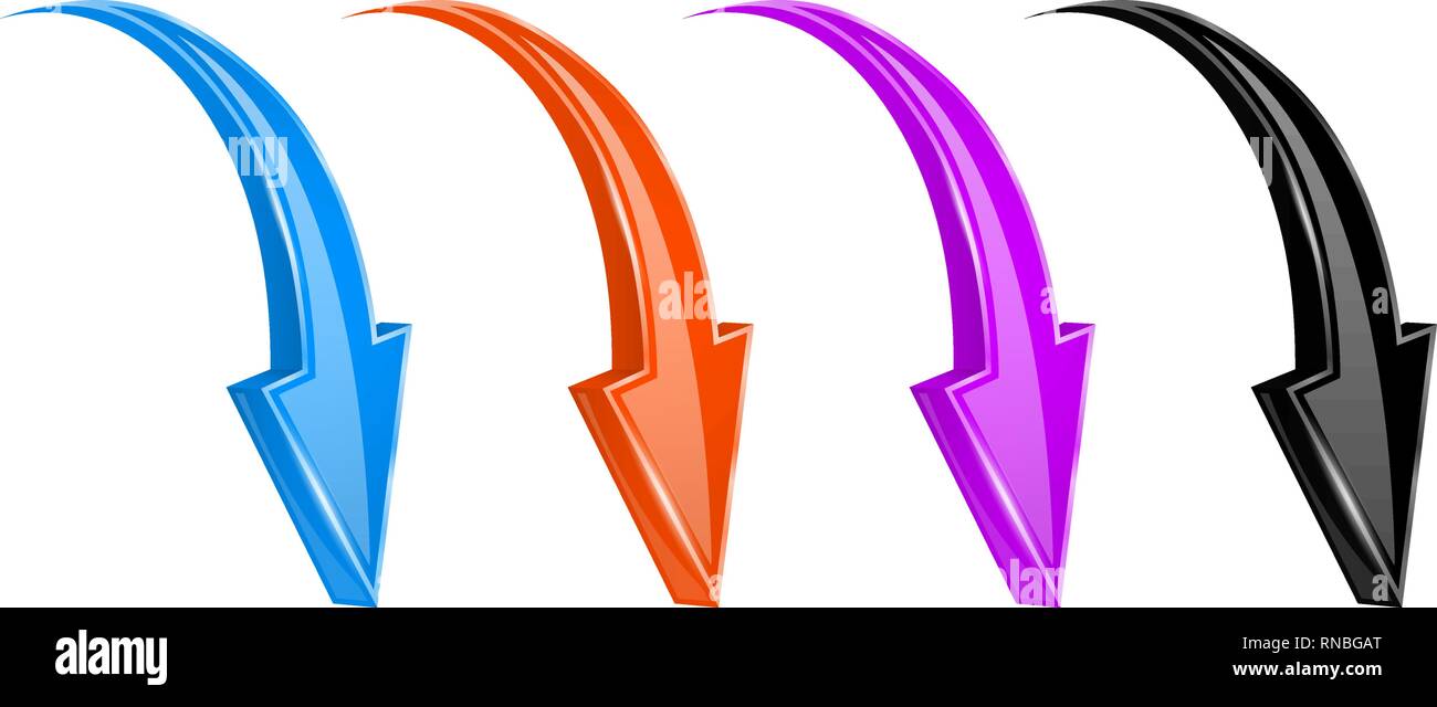 DOWN colored arrows. Shiny bent web signs Stock Vector