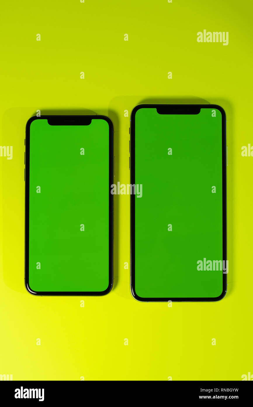 Blank green chroma key on modern smartphone mobileas hero object on ...