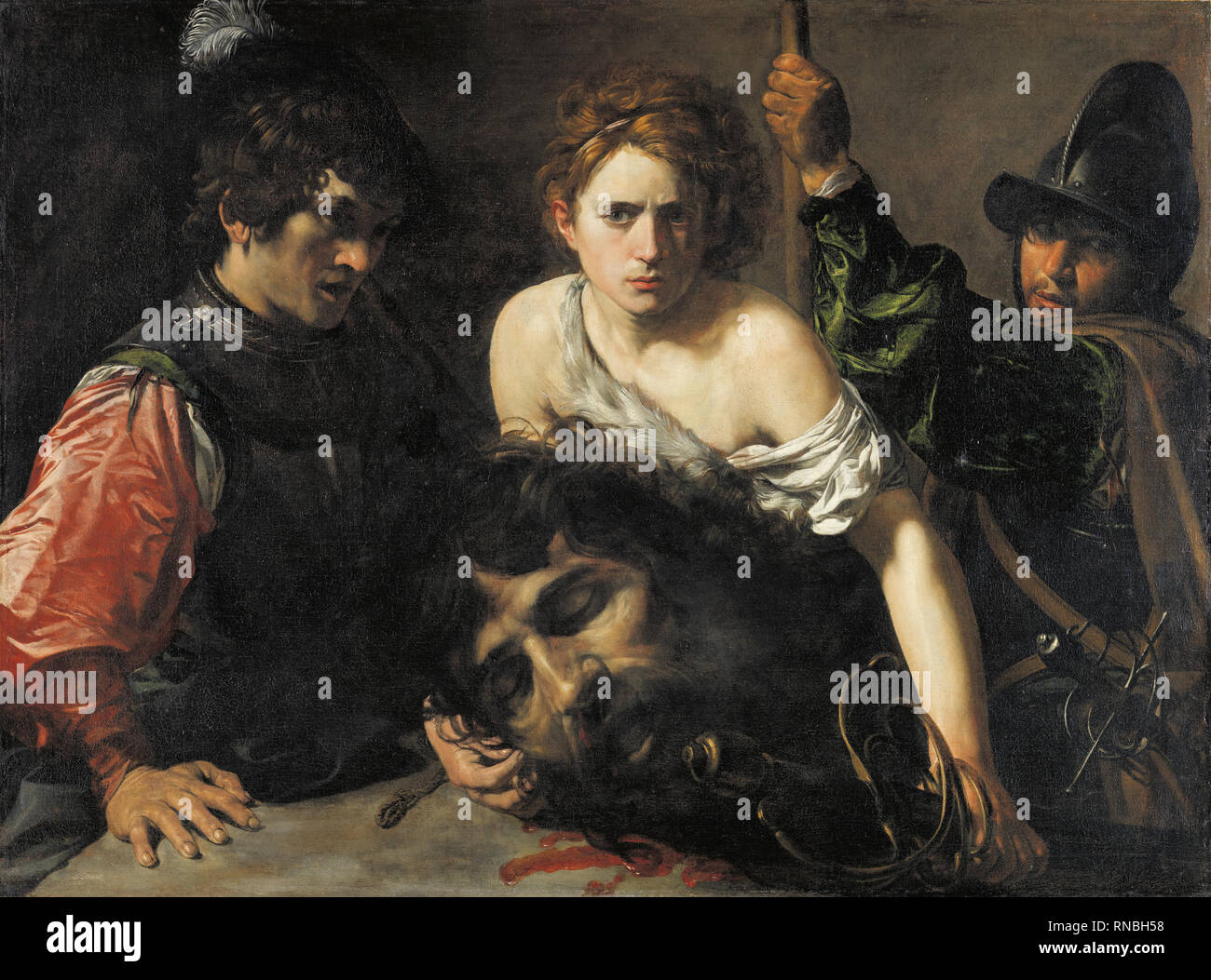 Valentin de Boulogne (Coulommiers (Seine-et-Marne), 1591-Rome, 1632). David With the Head of Goliath and Two Soldiers (ca. 1620 - 1622). Oil on canvas. 99 x 134 cm. Museum: Museo Nacional Thyssen-Bornemisza, Madrid. Author: BOULOGNE, VALENTIN DE. Valentin de Boullogne. Stock Photo