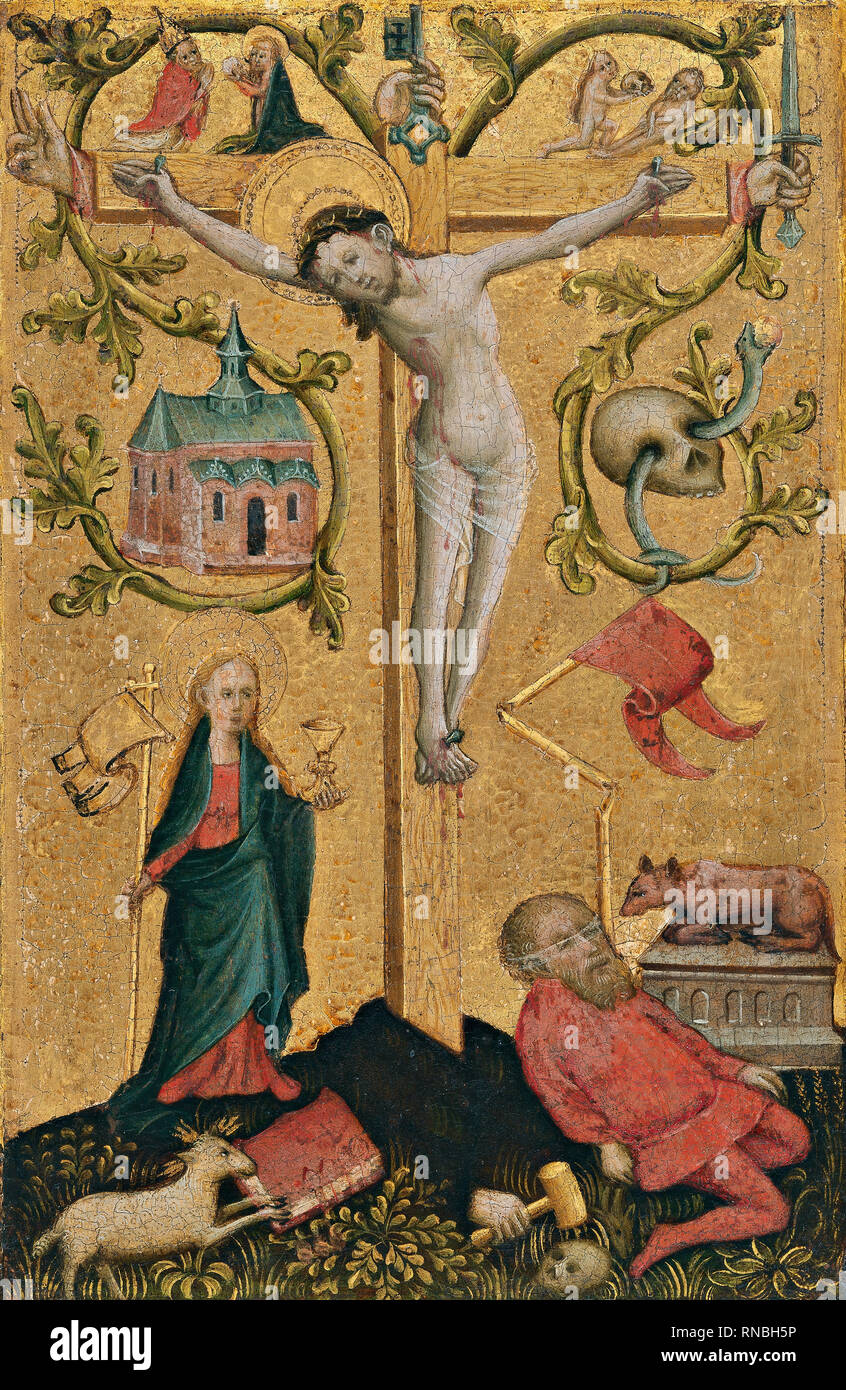 Anonymous German Artist active in Westphalia (Active in Westphalia early 15th Century). Diptych with symbols of the Virgin and Redeeming Christ: Christ with the Cross as Redemptor Mundi (Right wing) (ca. 1410). Panel. 28.5 x 18.5 cm. Museum: Museo Nacional Thyssen-Bornemisza, Madrid. Author: Anonymous German Artist active in Westphalia. Westphalian Master. ANONIMO ALEMAN. Stock Photo
