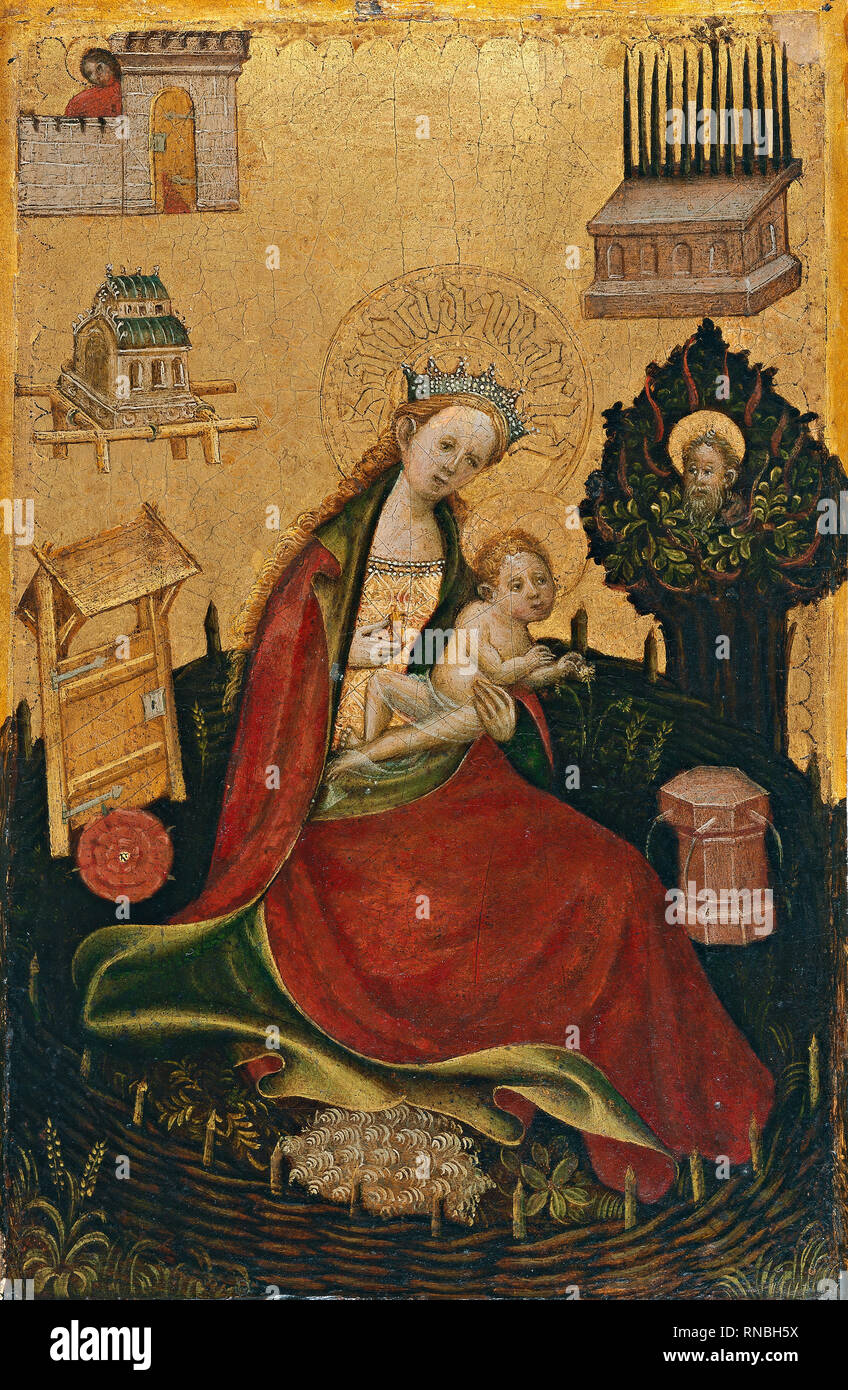 Anonymous German Artist active in Westphalia (Active in Westphalia early 15th Century). Diptych with symbols of the Virgin and Redeeming Christ: Virgin and Child in the Hortus Conclusus (Left wing) (ca. 1410). Panel. 28.6 x 18.5 cm. Museum: Museo Nacional Thyssen-Bornemisza, Madrid. Author: Anonymous German Artist active in Westphalia. Westphalian Master. Stock Photo