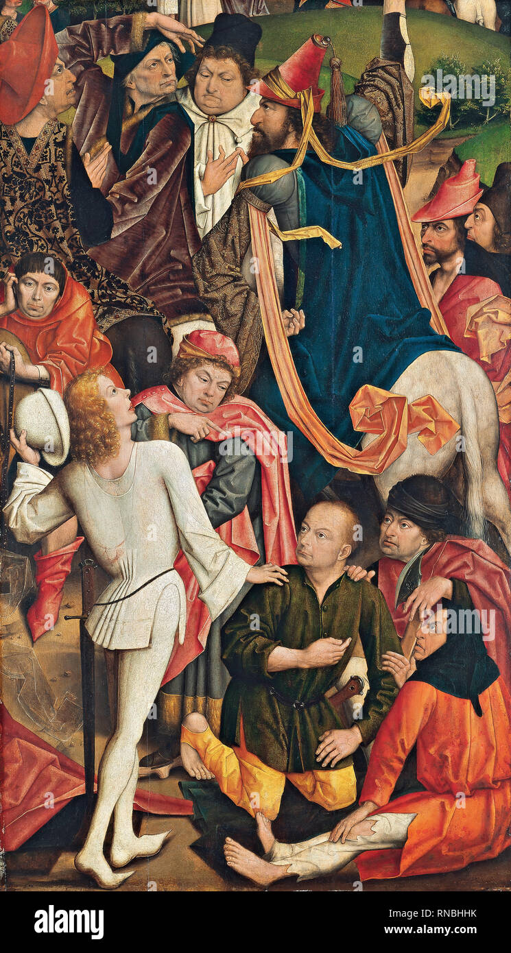 Derick Baegert ((?), ca. 1440 - Wesel, ca. 1515). Knights and Soldiers playing Dice for Christ's Robe (1477 - 1478). Oil on panel. 159 x 92.3 cm. Museum: Museo Nacional Thyssen-Bornemisza, Madrid. Stock Photo