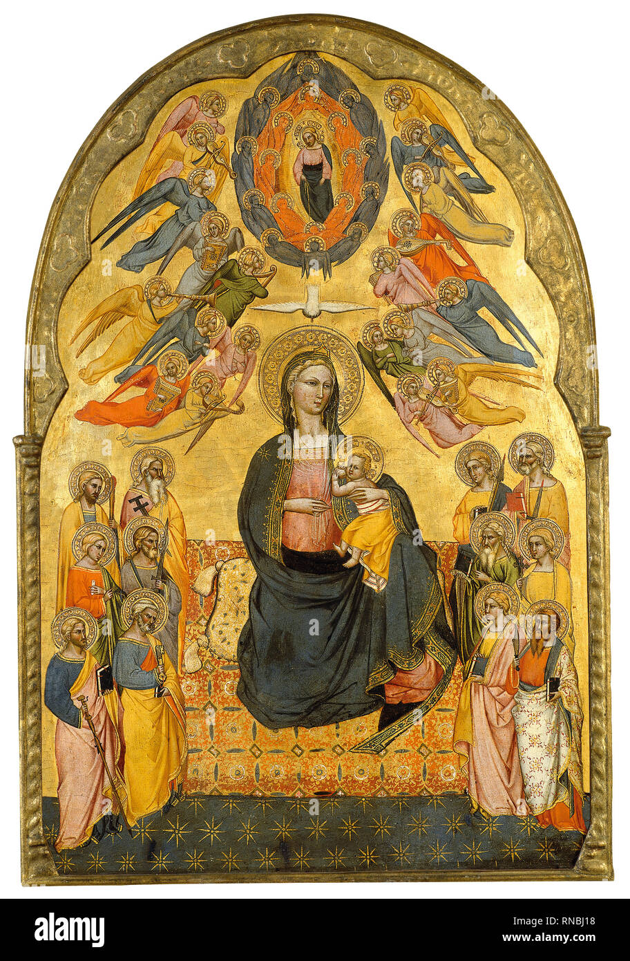 Cenni di Francesco di Ser Cenni (Active in Florence 1369-ca. 1415). The Virgin of Humility with the Holy Father, the Holy Spirit and the twelve Apostles (ca. 1375 - 1380). Tempera and gold on panel. 76.6 x 51.2 cm. Museum: Museu Nacional d'Art de Catalunya (MNAC). Stock Photo