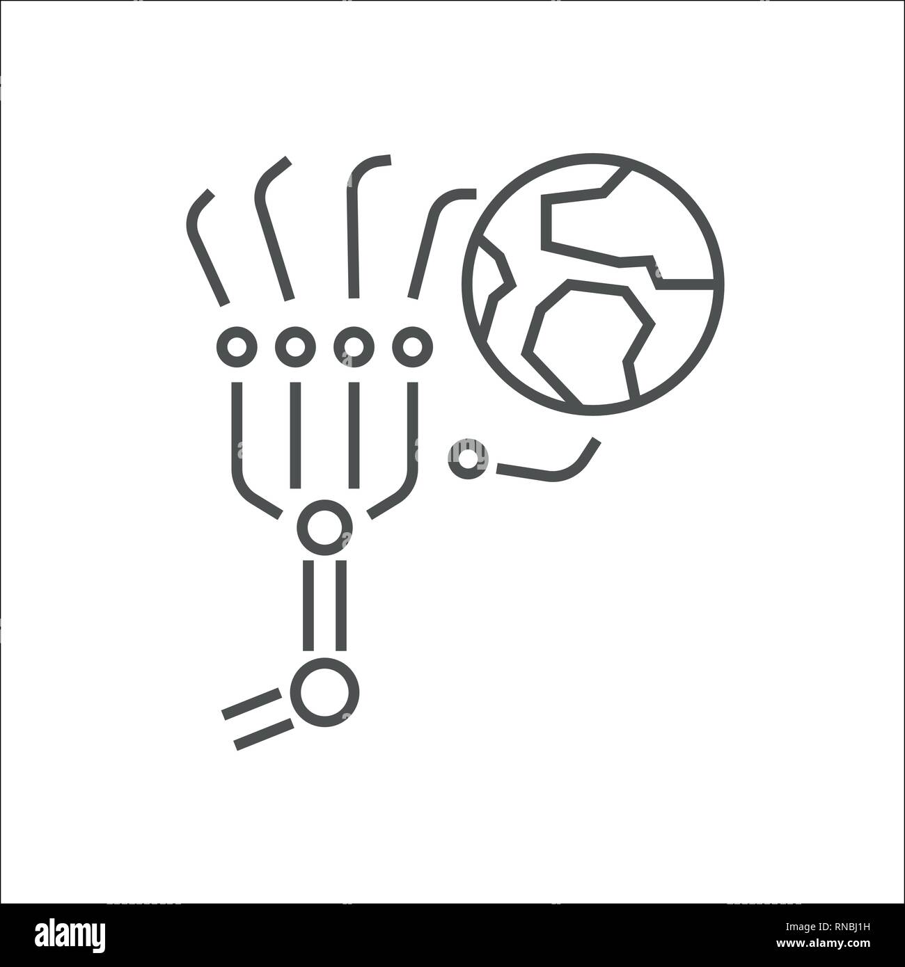 Robot arms and Earth planet, Factory automation, Industry 4.0, Internet of Things, IoT, AI, Vector illustration. Editable Stroke. EPS 10 Stock Vector