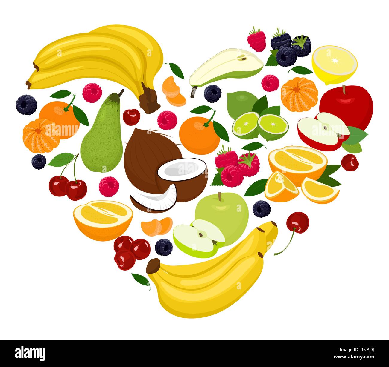 Heart shape by various fruits. Heart of coconut, pear, lime, raspberry, blackberry, apple, cherry, mandarin, banana, orange, grapefruit. Vector Stock Vector