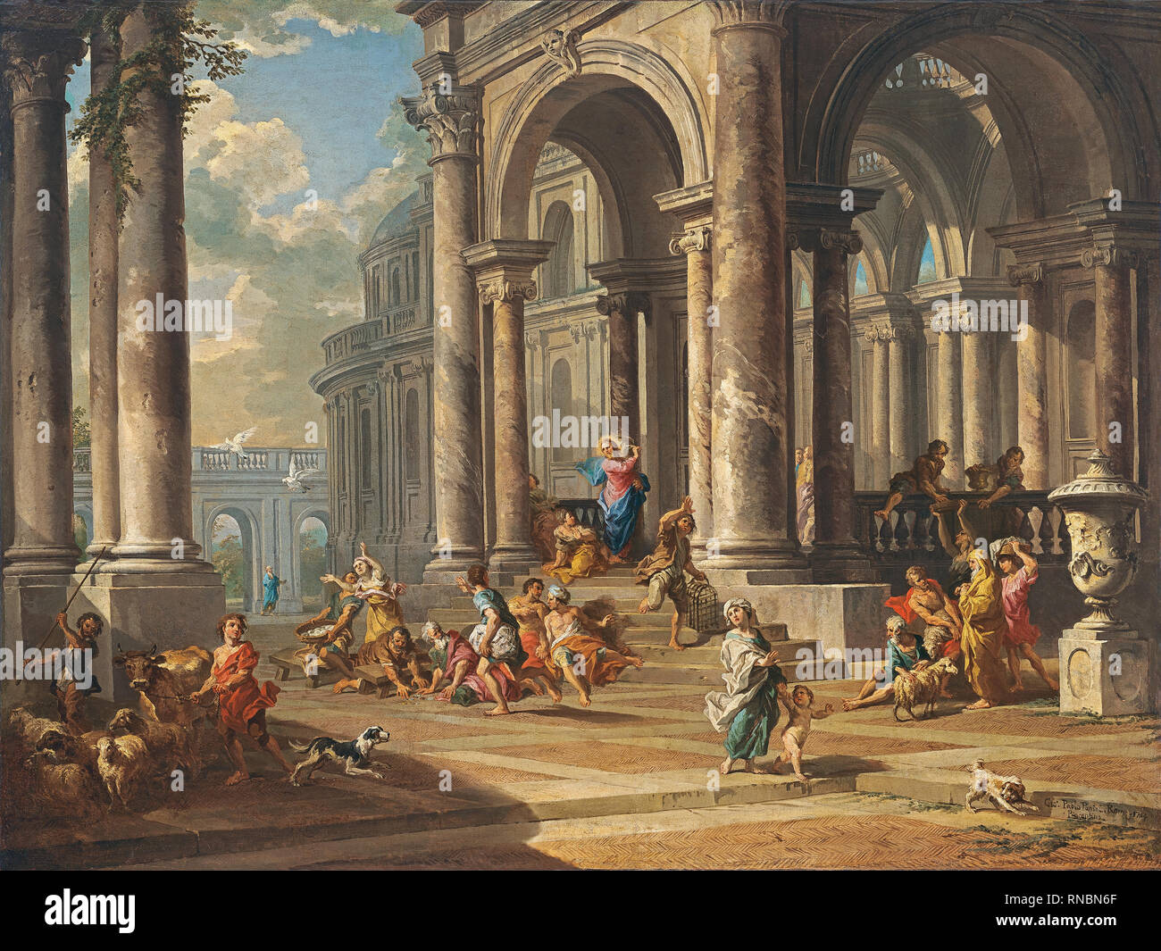 Gian Paolo Panini (Piacenza, 169-Rome, 1765). The Expulsion of the Money-changers from the Temple (1724). Oil on canvas. 73.2 x 98.4 cm. Museum: Museo Nacional Thyssen-Bornemisza, Madrid. Author: Panini, Gian Paolo. PANINI, GIOVANNI PAOLO. Stock Photo