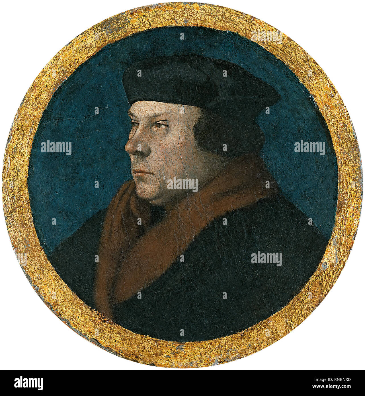 Hans the Younger (attributed to) Holbein (Augsburg, 1497/98 - London, 1543). Portrait of Thomas Cromwell (s.f). Oil on panel. 11 cm (diameter). Museum: Museo Nacional Thyssen-Bornemisza, Madrid. Stock Photo