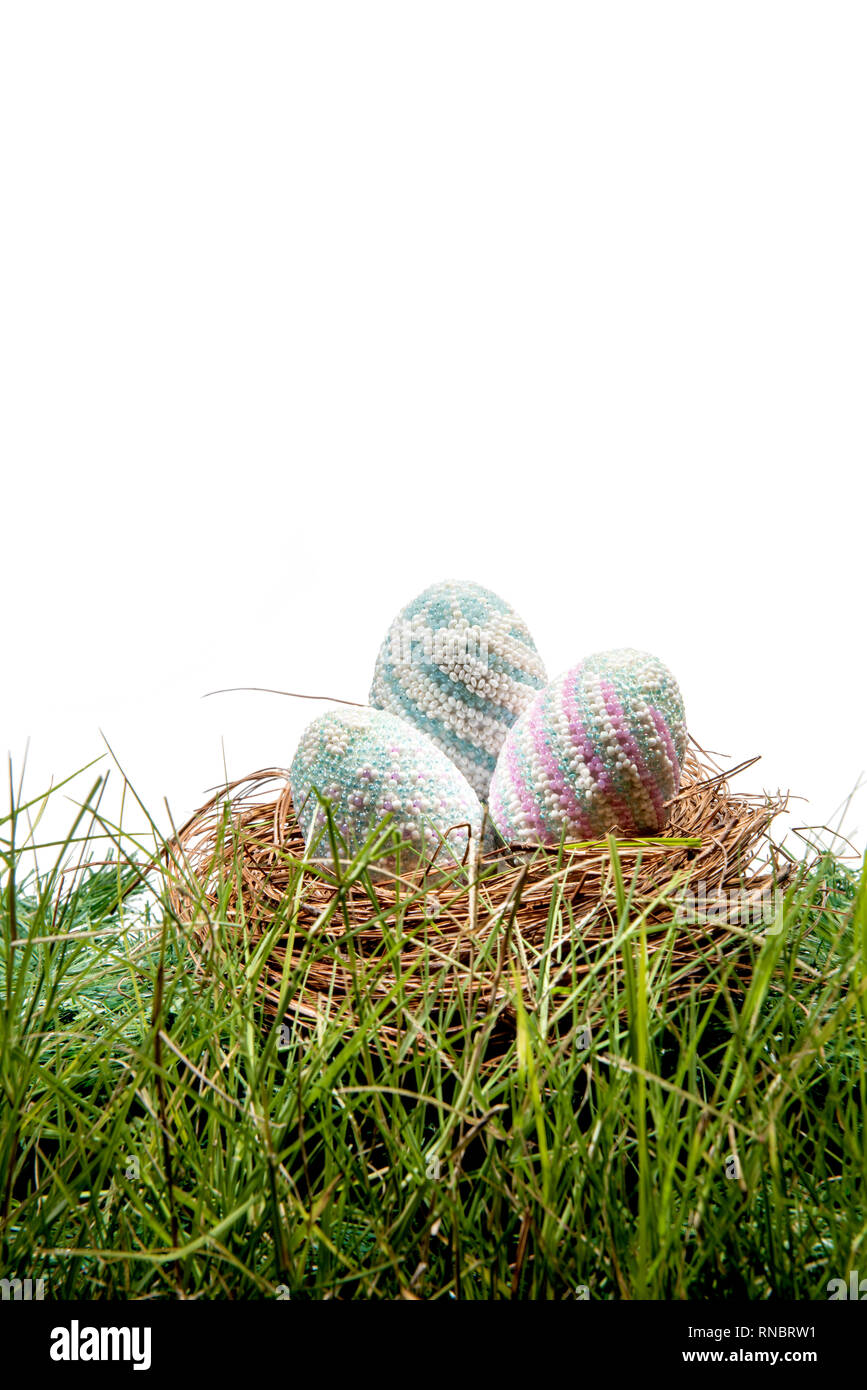 Colorful easter eggs in the nest on the green grass over white ...