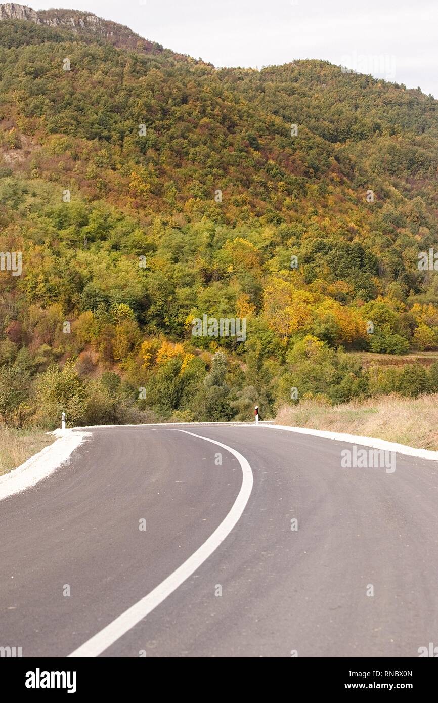 New black bitumen asphalt road in the Balkan Mountains regions of Eastern Republic of Serbia, Central Europe. Stock Photo