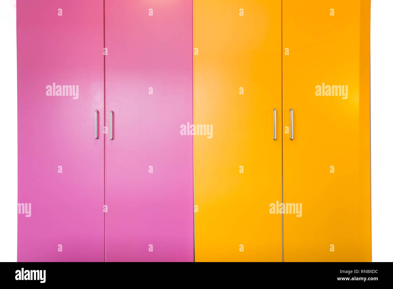 colorful pink and orange freshly painted wall and closet doors, doors are closed isolated on white Stock Photo