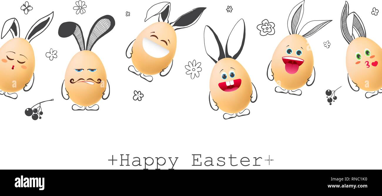 Realistic eggs with emoticons and with painted elements. Happy easter. Vector illustration Stock Vector
