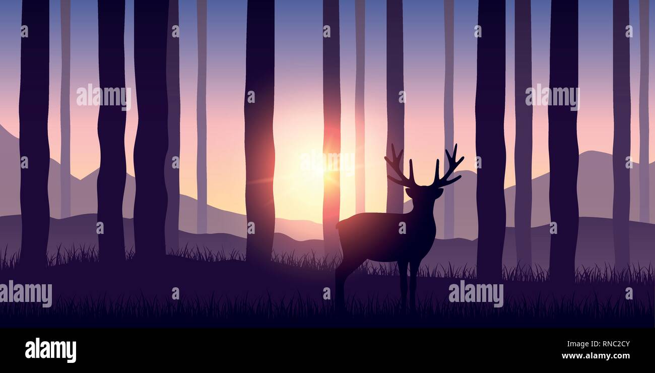 lonely wildlife reindeer in the forest purple nature landscape with sunshine Stock Vector