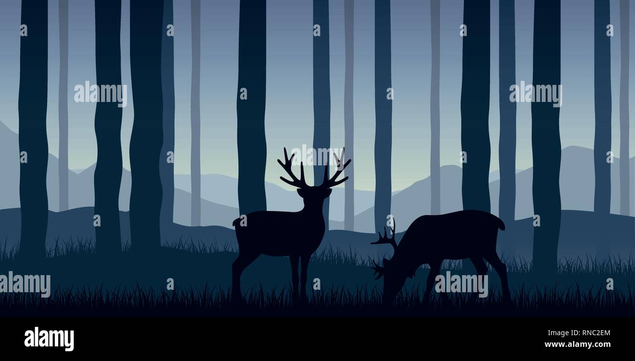 two wildlife reindeers in the forest blue nature landscape vector illustration EPS10 Stock Vector