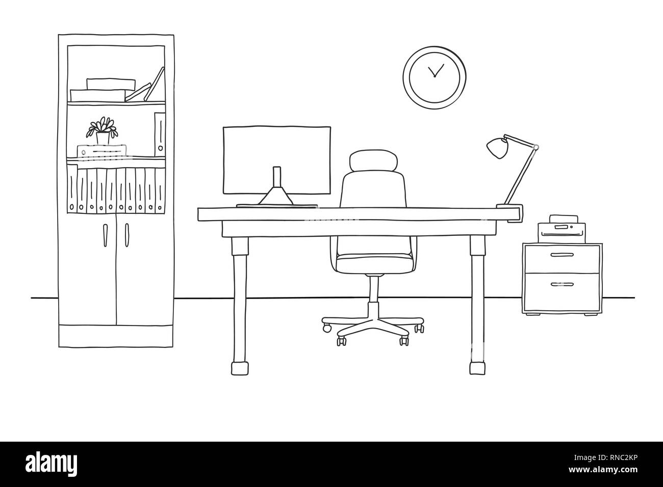 Hand drawn office sketch desk with chair computer Vector Image