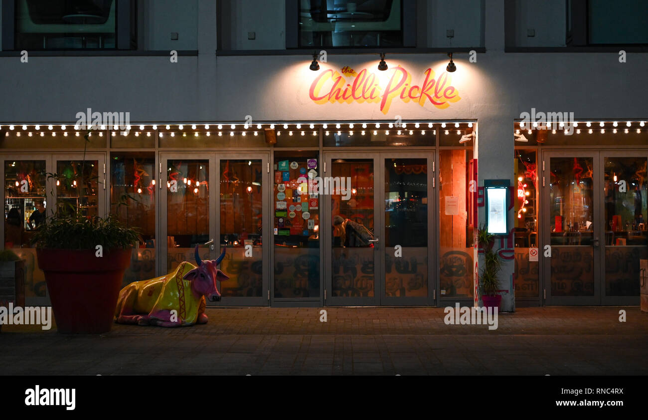 Brighton Views at night - The famous Chilli Pickle Indian restaurant in Jubilee Square  Photograph taken by Simon Dack Stock Photo