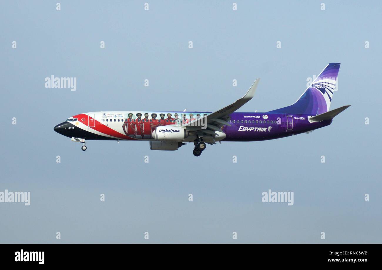 A Boeing 737 800 Of The Egyptian Airline Egyptair Landing At Frankfurt Rhine Main Airport The Aircraft Has A Special Paint Job Egyptian National Football Team Usage Worldwide Stock Photo Alamy