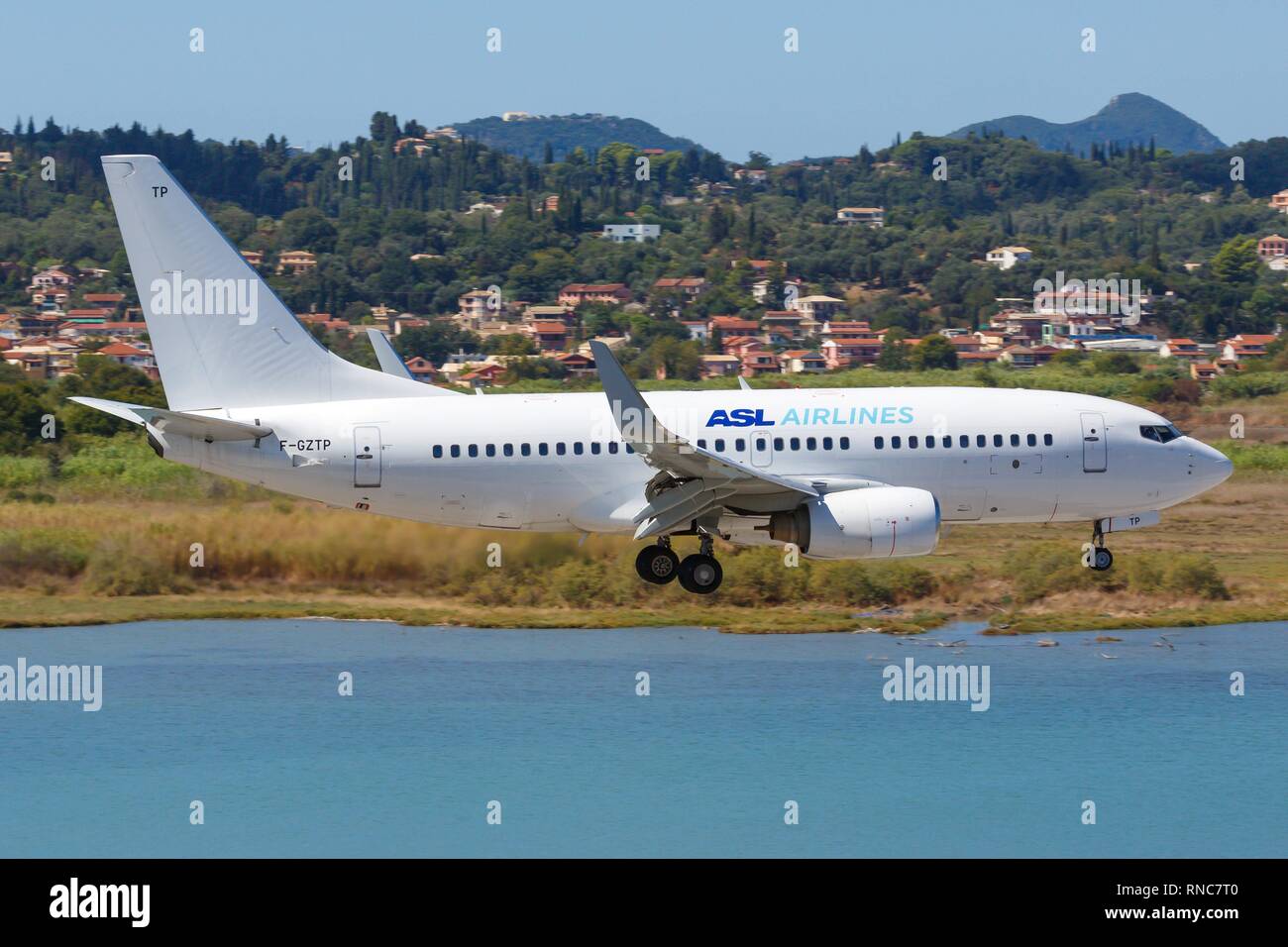 Corfu, Greece 15. September 2017 ASL Airlines Boeing 737 at Corfu airport (CFU) in Greece