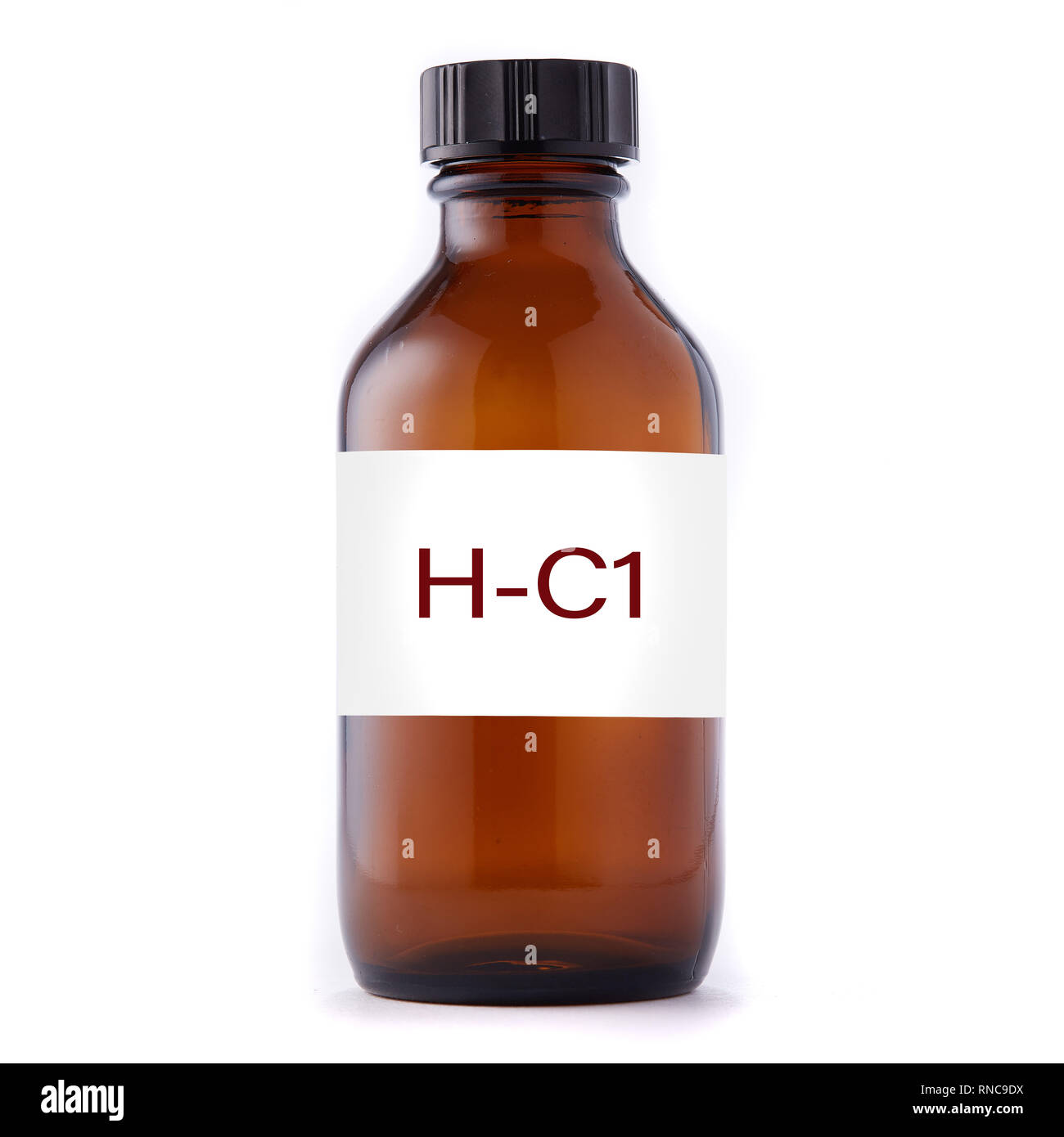 hydrochloric acid bottle, chemical name Stock Photo