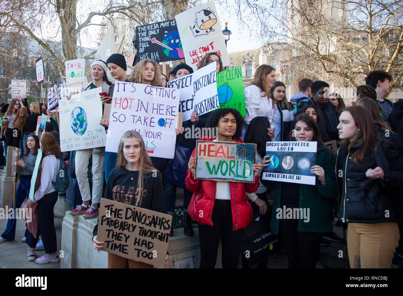 LONDON, UK - February 15, 2019: Protestors with banners at a Youth climate march Stock Photo