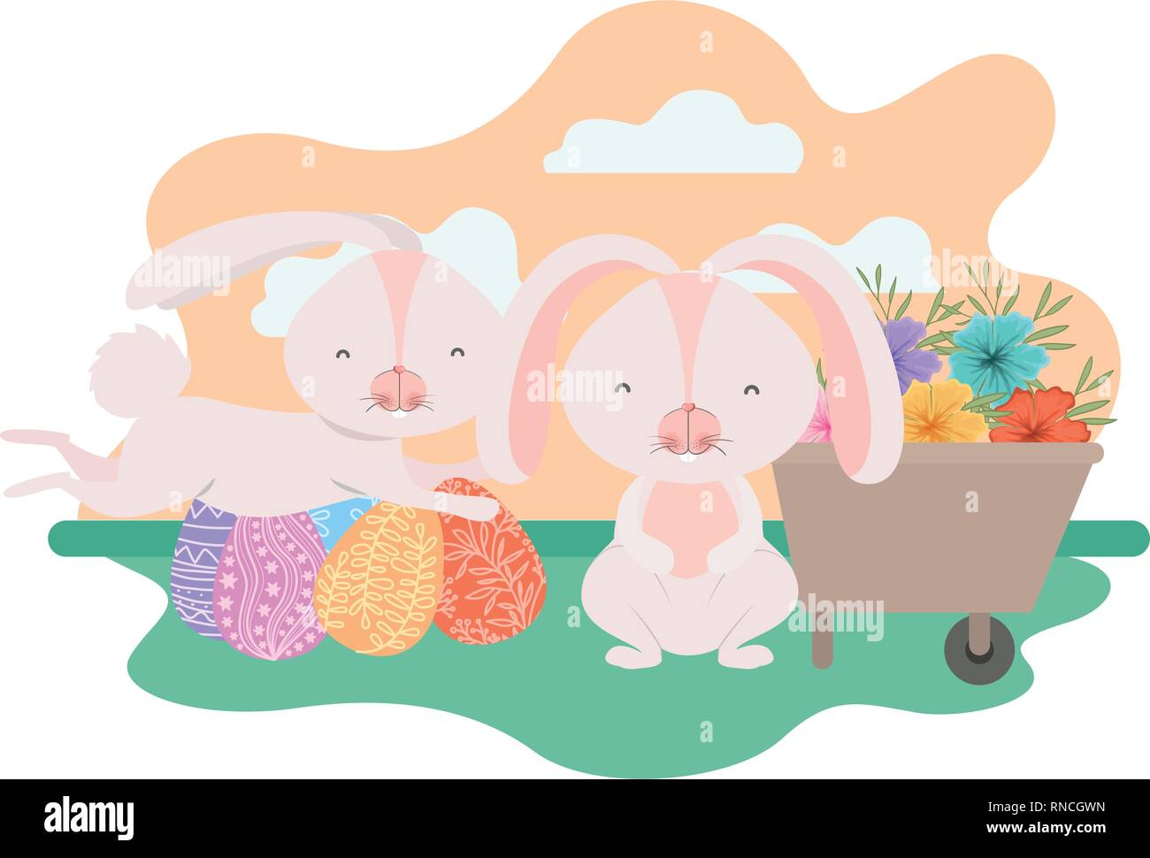 bunnies on landscape with easter egg icon Stock Vector