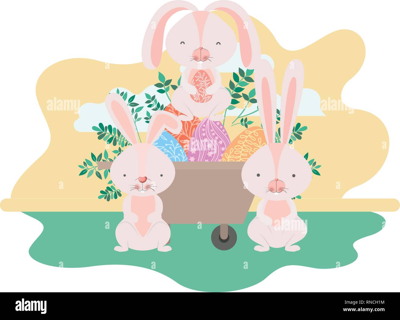 bunnies on landscape with easter egg icon Stock Vector
