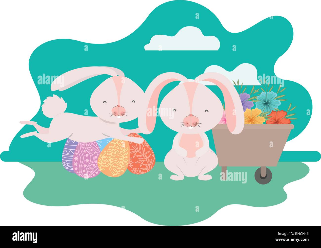 bunnies on landscape with easter egg icon Stock Vector