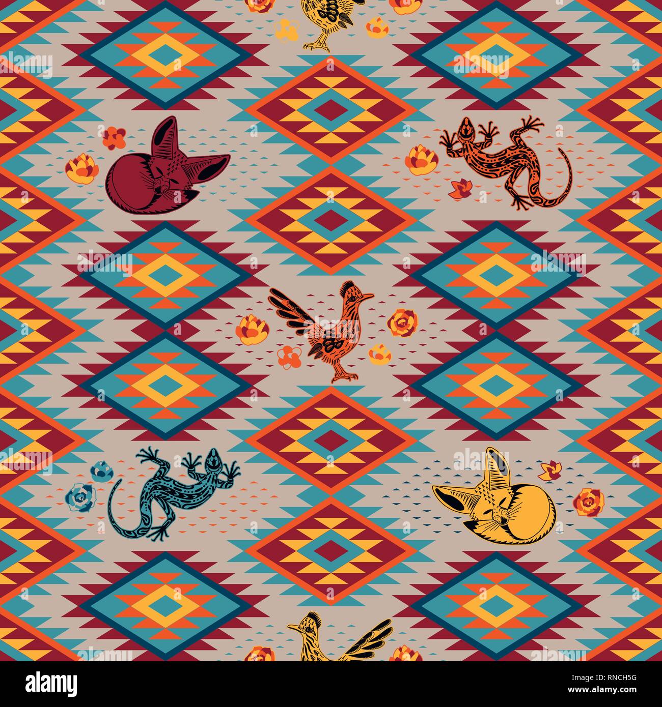 Kilim. Ethnic geometric ornament with desert animals. Pattern of bright rhombuses. Greater roadrunner, Fennec fox, lizard. Seamless vector pattern Stock Vector