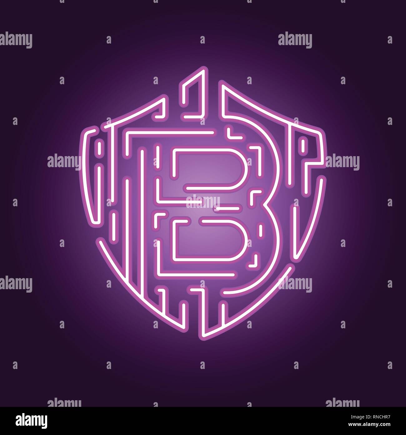 Bitcoin digital currency crypto currency. The concept of security of the crypto currency. Neon style logo Stock Vector