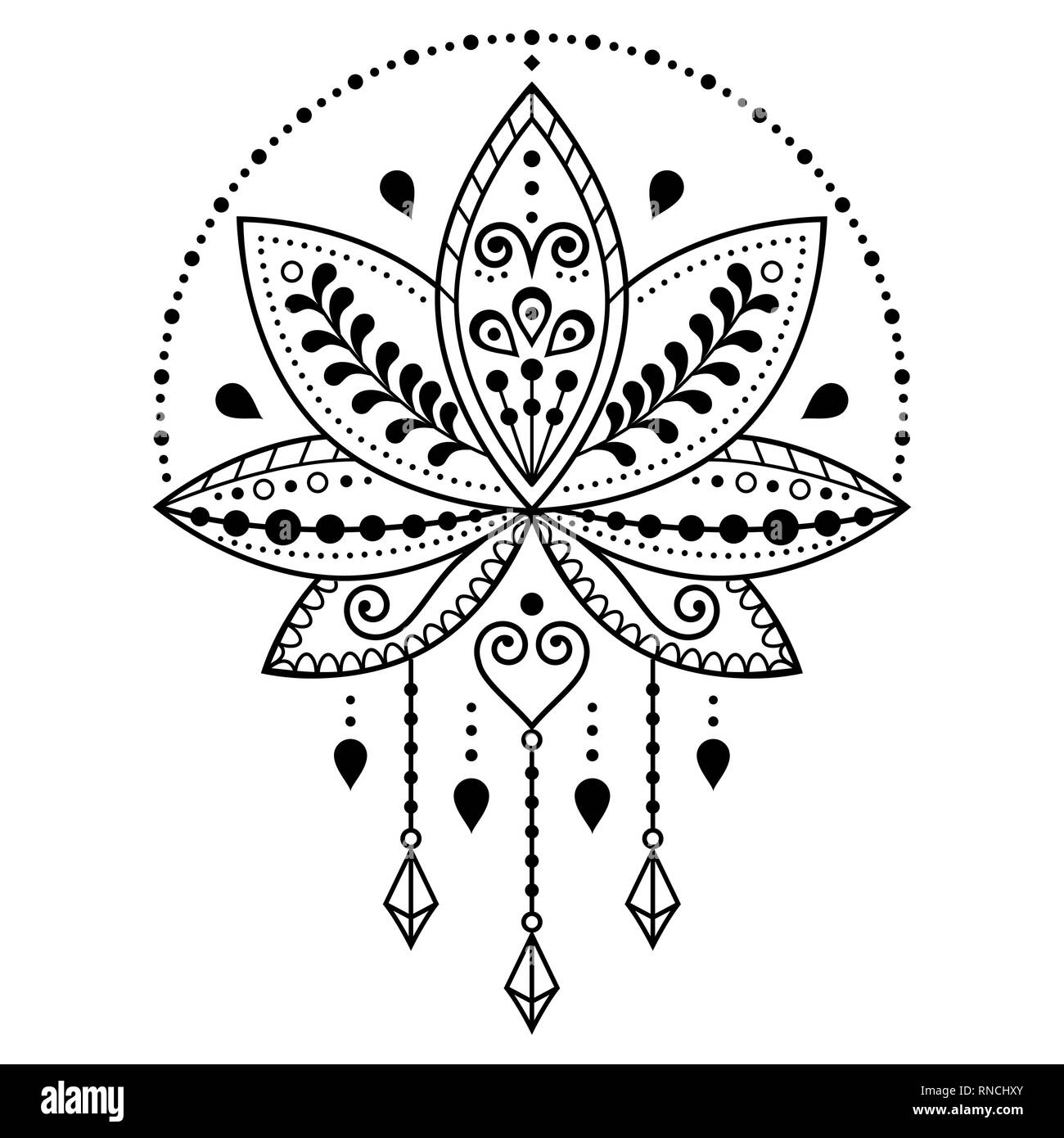Indian Lotus flower vector pattern, Mehndi henna tattoo style, Yoga or zen decoration, bohemian greeting card Stock Vector