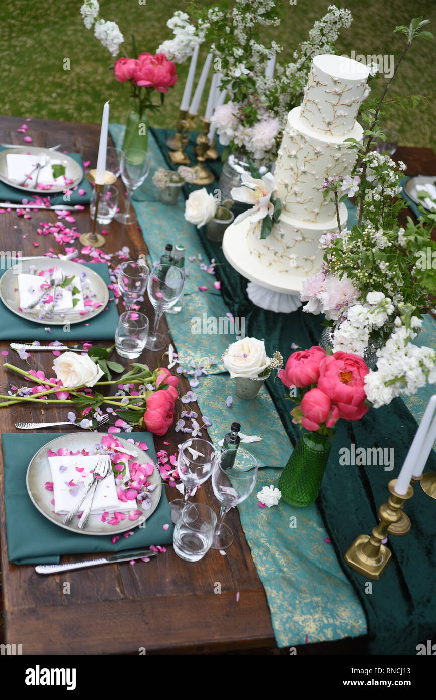 A beautiful outdoor table display, with lots of Spring flowers in