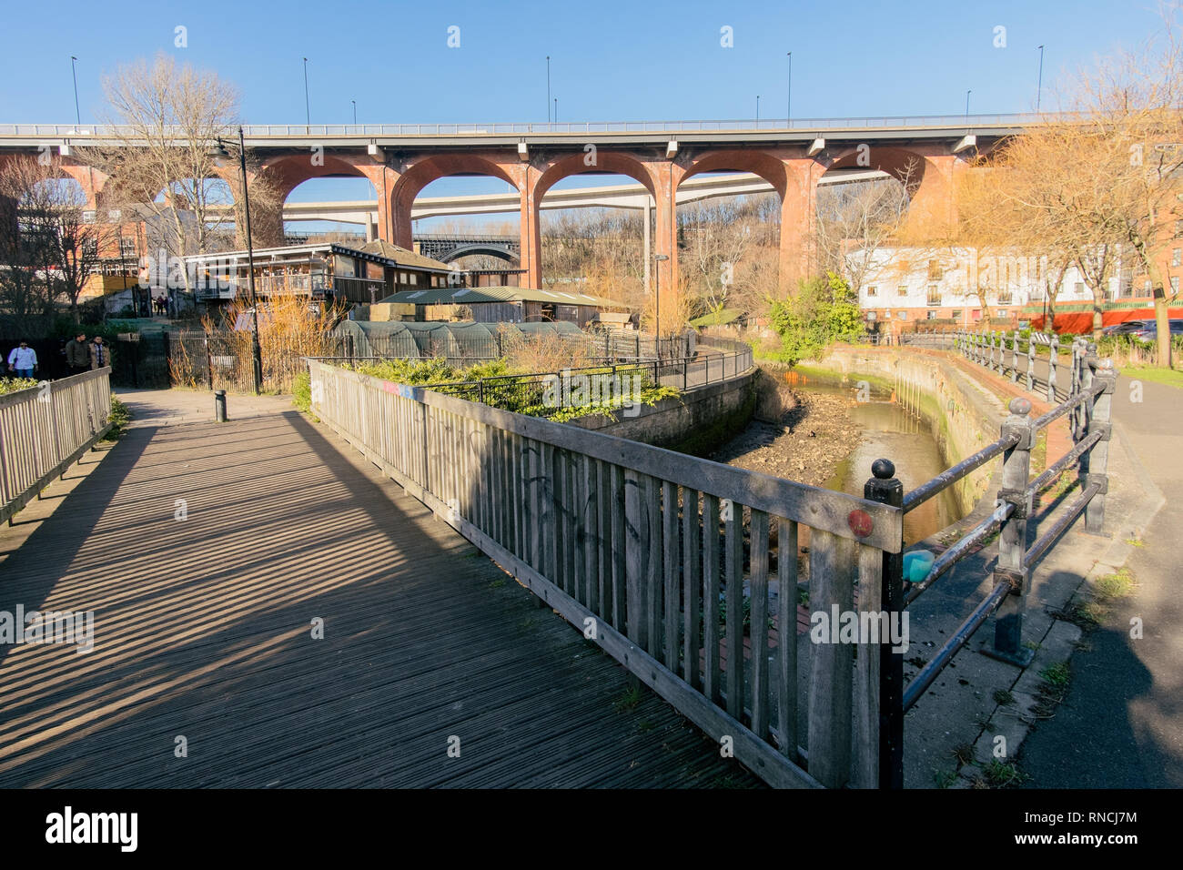 A view of Byker bridge and the Metro bridge from Ouseburn Valley, Newcastle upon Tyne Stock Photo