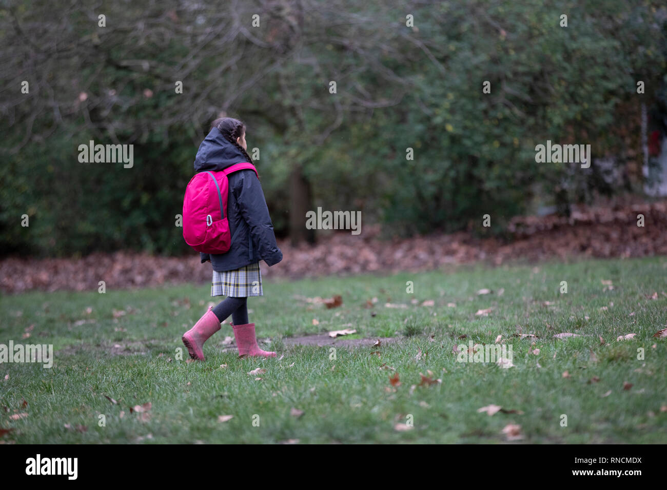primary school age girl walking alone across park on way to school Stock Photo