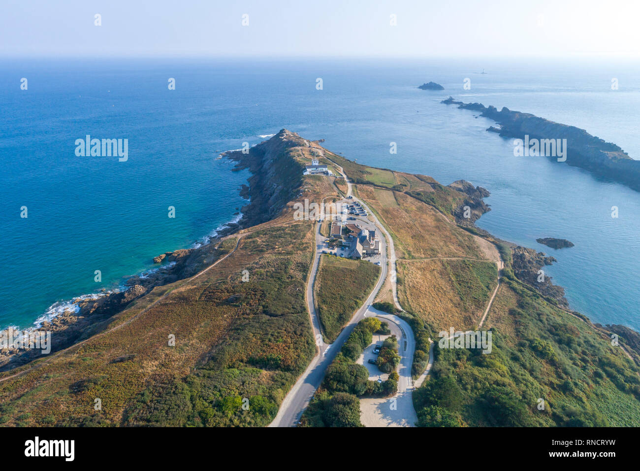 France, Ille et Vilaine, Cote d'Emeraude (Emerald Coast), Cancale, Pointe du Grouin and Landes island (aerial view) // France, Ille-et-Vilaine (35), C Stock Photo