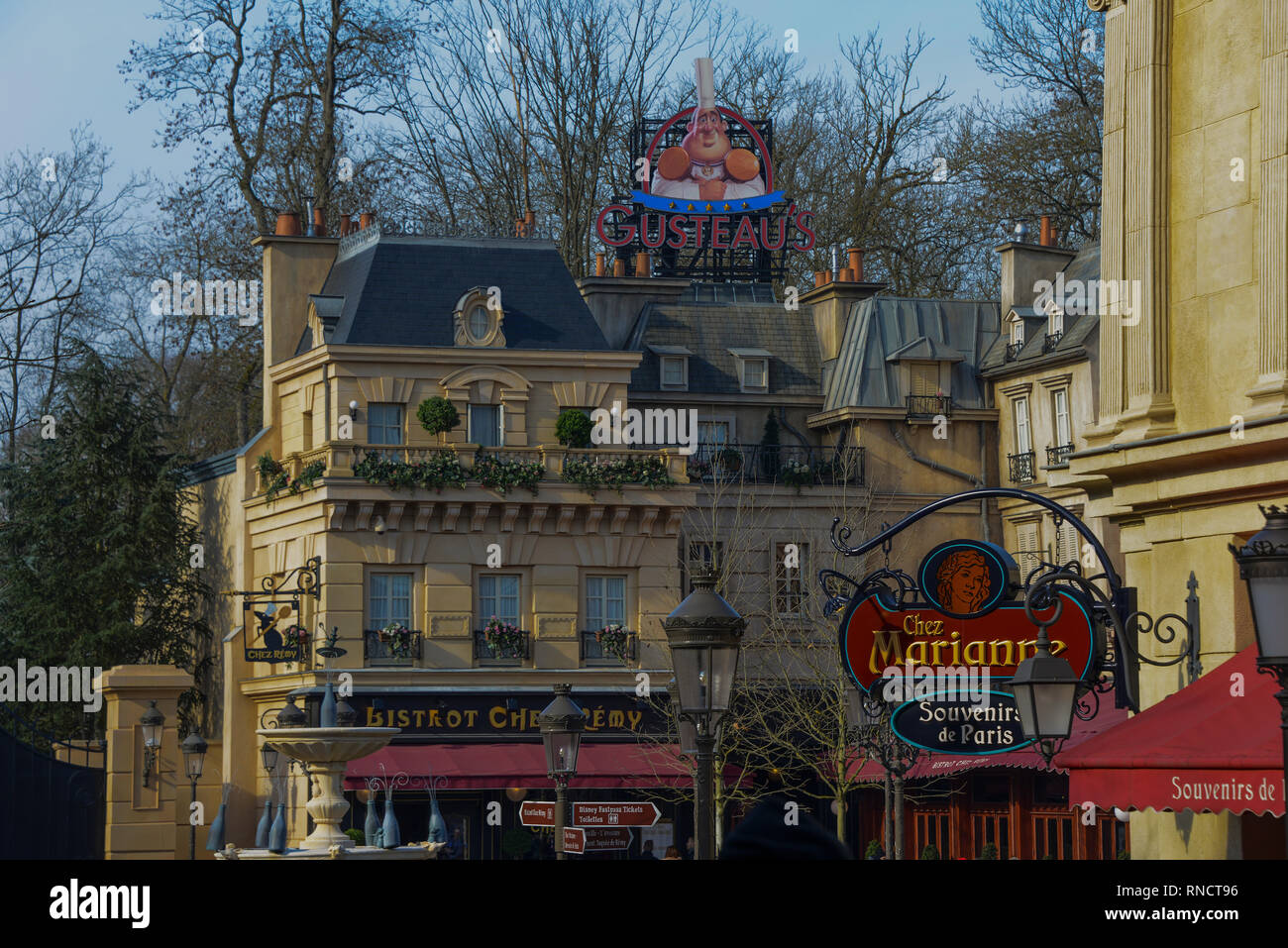 FRANCE, PARIS - February 27.2016 - View of a part of La Place de Remy in Disney Studios, Paris. Inspired by a Parisian neighborhood, Stock Photo