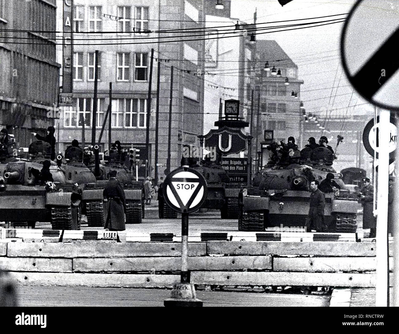 Soviet Tanks at Friedrichstrasse, Approximately 150 Meters Behind The Border in East Berlin Stock Photo