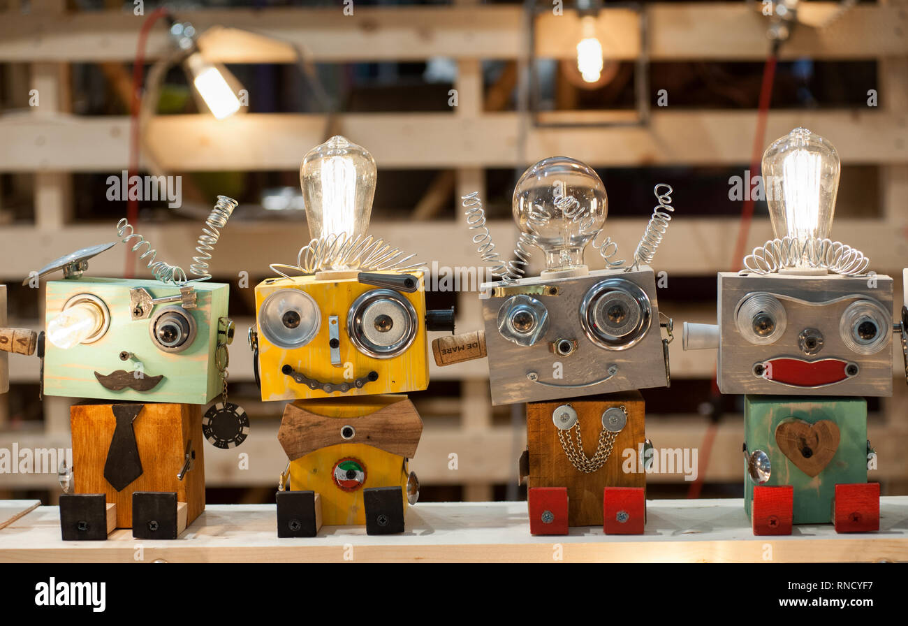 Toys builds recycling wood,screws,springs,washers, light bulb and other