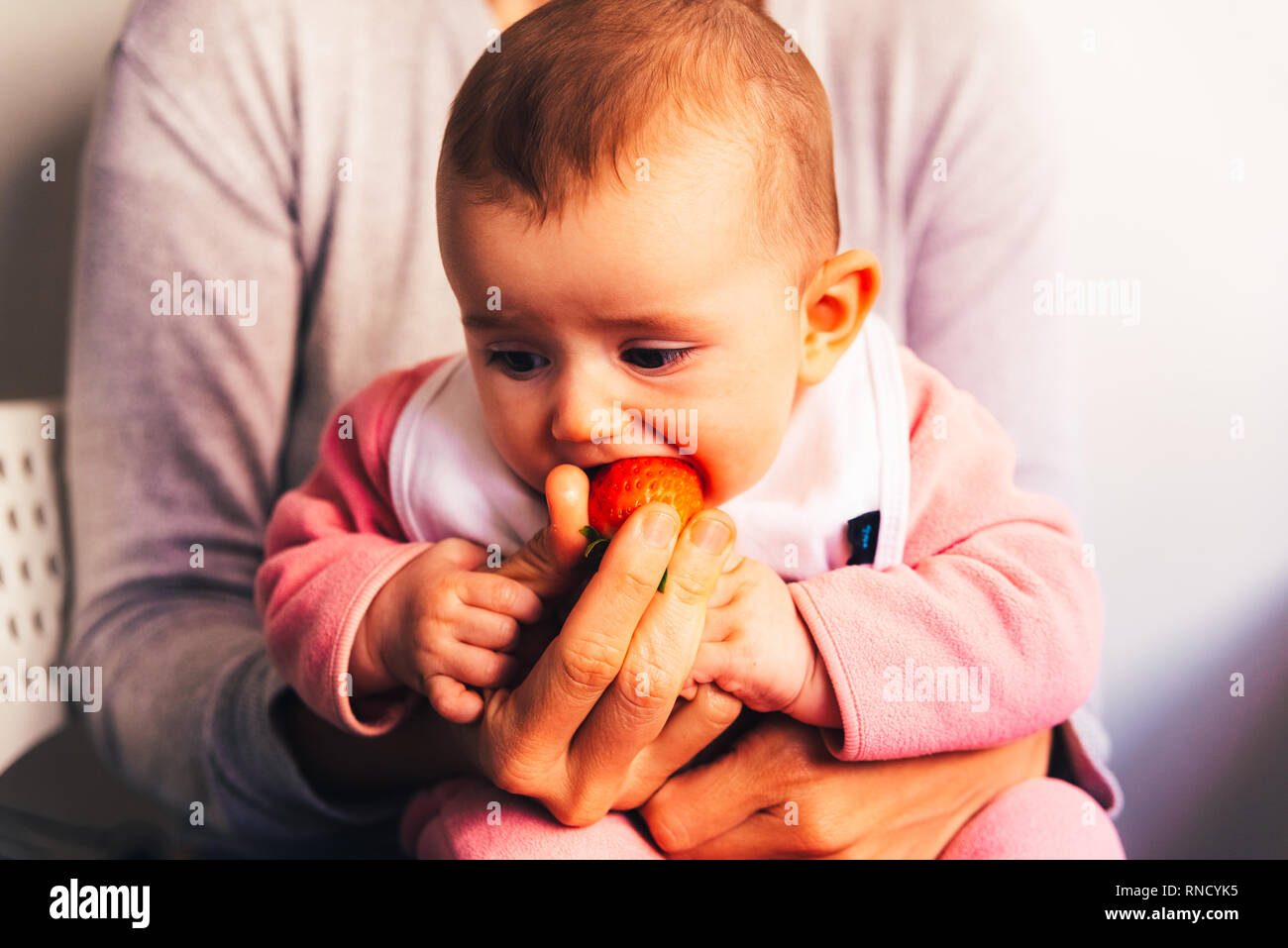 Baby of 4 months starting to try their first foods using the technique of Baby  led weaning (BLW), eating a strawberry Stock Photo - Alamy